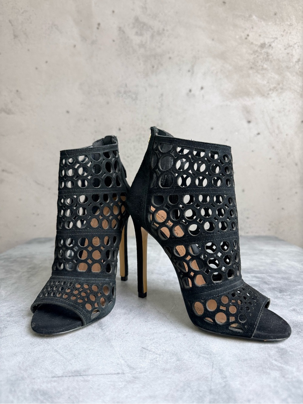 BCBGMaxAzria Black Laser-Cut Peep-Toe Stiletto Booties